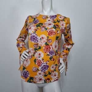 Who What Wear Yellow Multi Floral Cottagecore Boho Long Sleeve Blouse Size XS